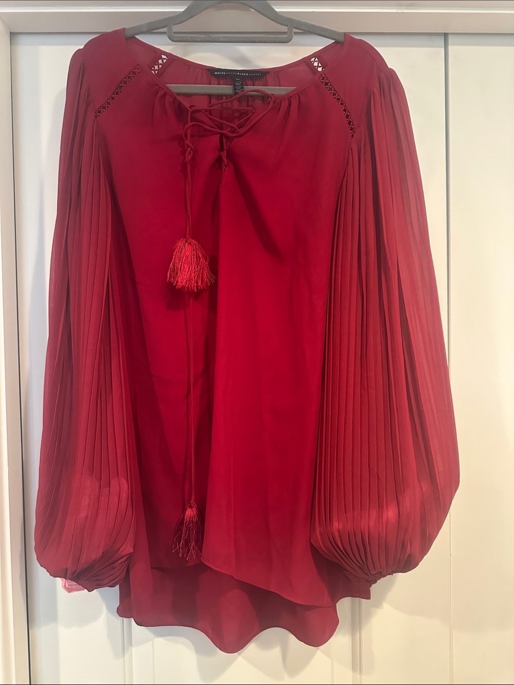 White House Black Market Red Pleated Bishop-Sleeve Tassel Blouse